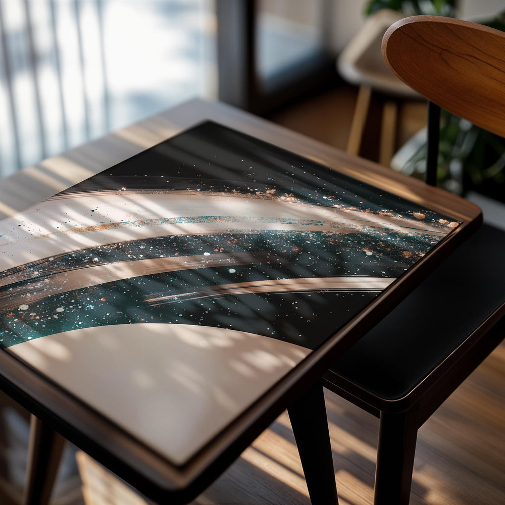 Artistic depiction of a planet with rings against a starry space background, as a premium aluminum metal print from GoMetalPrint.
