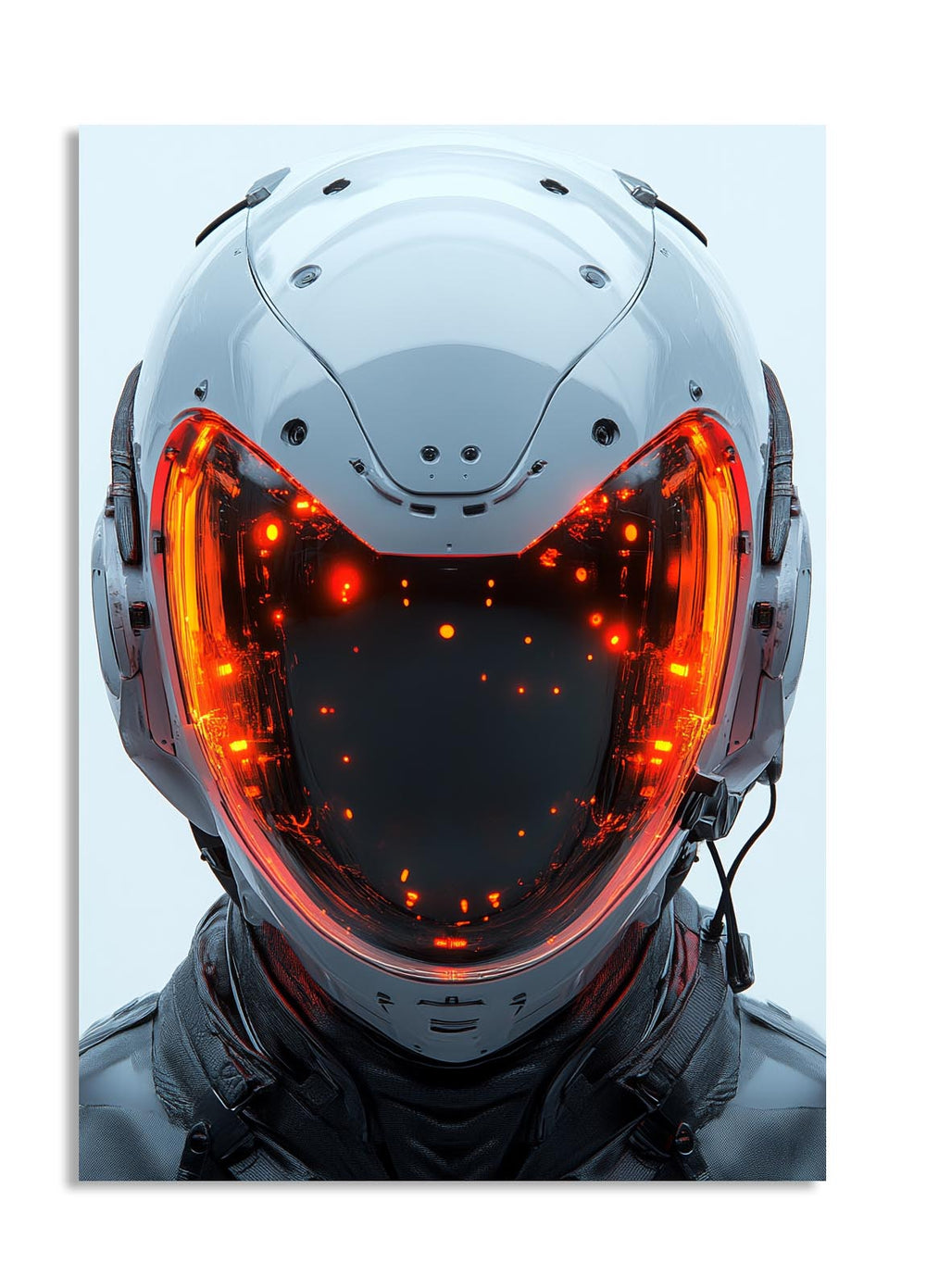 White futuristic helmet with red glowing visor on a light blue background, as a premium aluminum metal print from GoMetalPrint.
