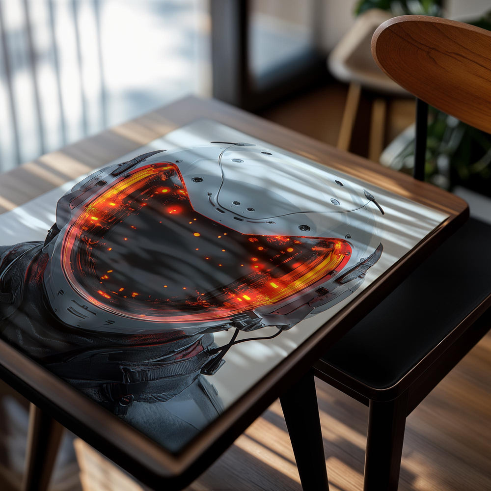 White futuristic helmet with red glowing visor on a light blue background, as a premium aluminum metal print from GoMetalPrint.
