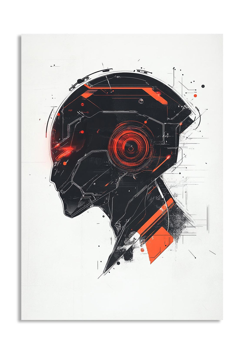 Artistic depiction of a helmet with red and black design on a white background, as a premium aluminum metal print from GoMetalPrint.
