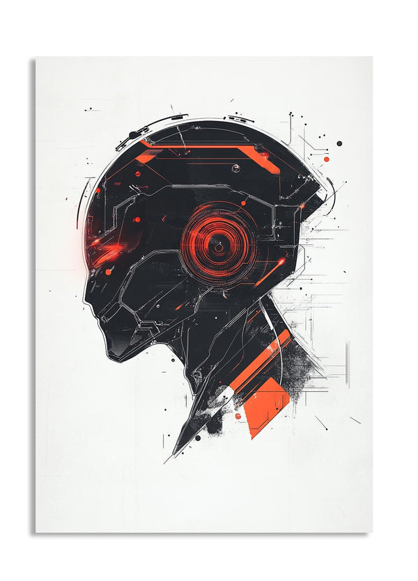 Artistic depiction of a helmet with red and black design on a white background, as a premium aluminum metal print from GoMetalPrint.
