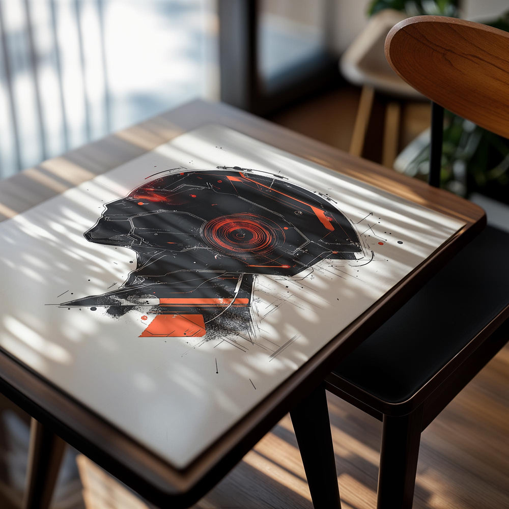 Artistic depiction of a helmet with red and black design on a white background, as a premium aluminum metal print from GoMetalPrint.
