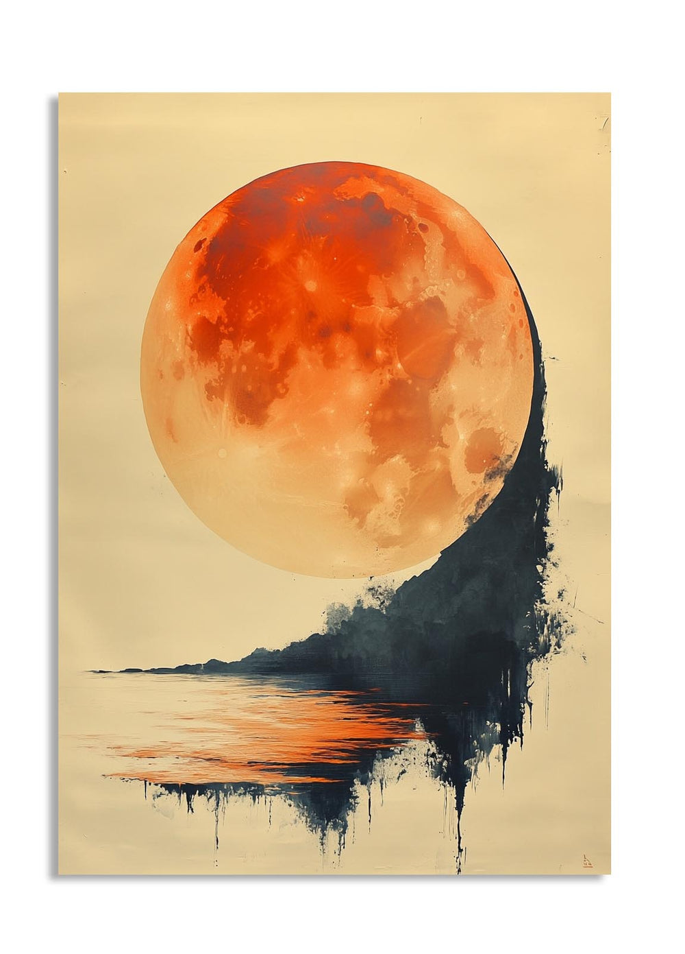 Artistic depiction of a large orange moon with black silhouette on a beige background, as a premium aluminum metal print from GoMetalPrint.
