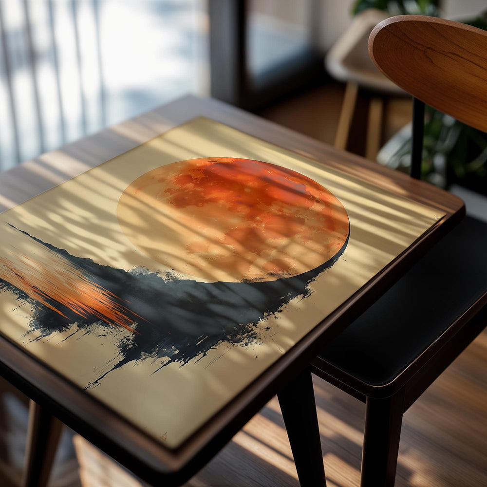 Artistic depiction of a large orange moon with black silhouette on a beige background, as a premium aluminum metal print from GoMetalPrint.
