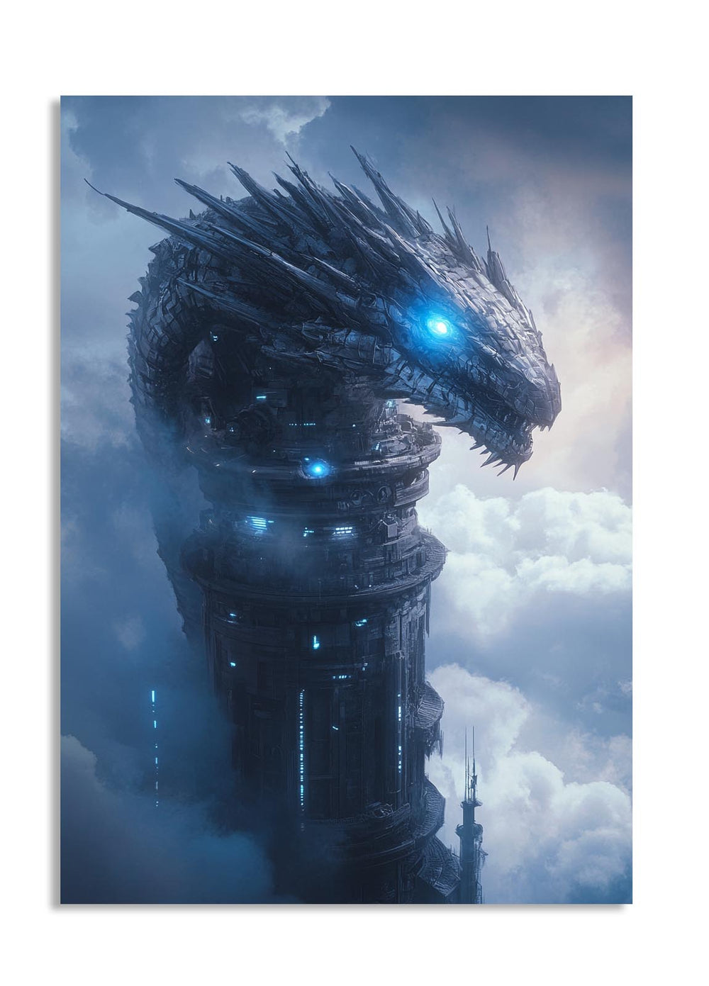 Dragon-like creature with glowing eyes against a cloudy sky, as a premium aluminum metal print from GoMetalPrint.
