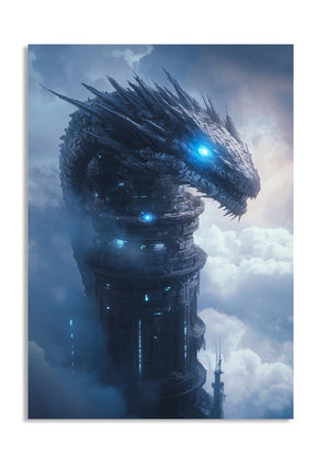 Dragon-like creature with glowing eyes against a cloudy sky, as a premium aluminum metal print from GoMetalPrint.
