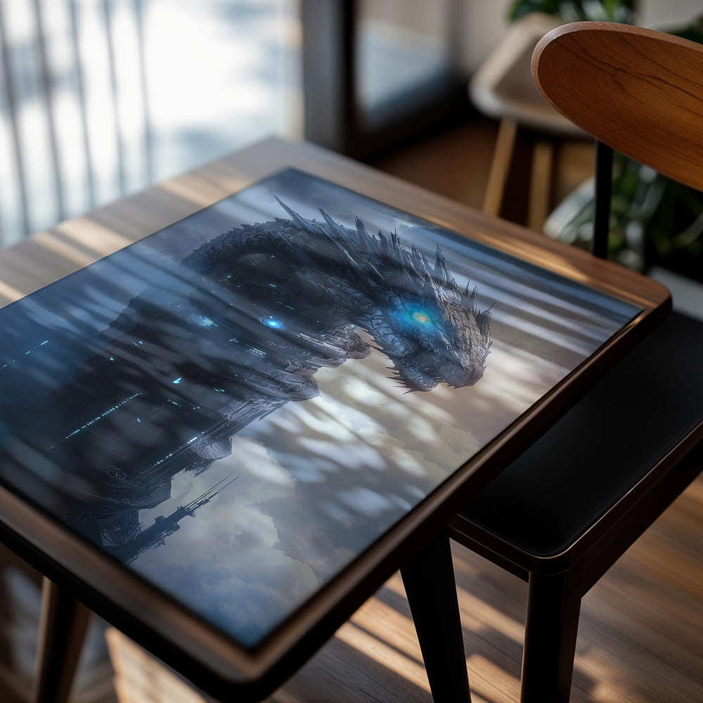 Dragon-like creature with glowing eyes against a cloudy sky, as a premium aluminum metal print from GoMetalPrint.
