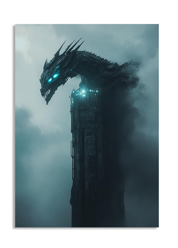 Monster-like creature with glowing eyes emerging from a dark, foggy background, as a premium aluminum metal print from GoMetalPrint.
