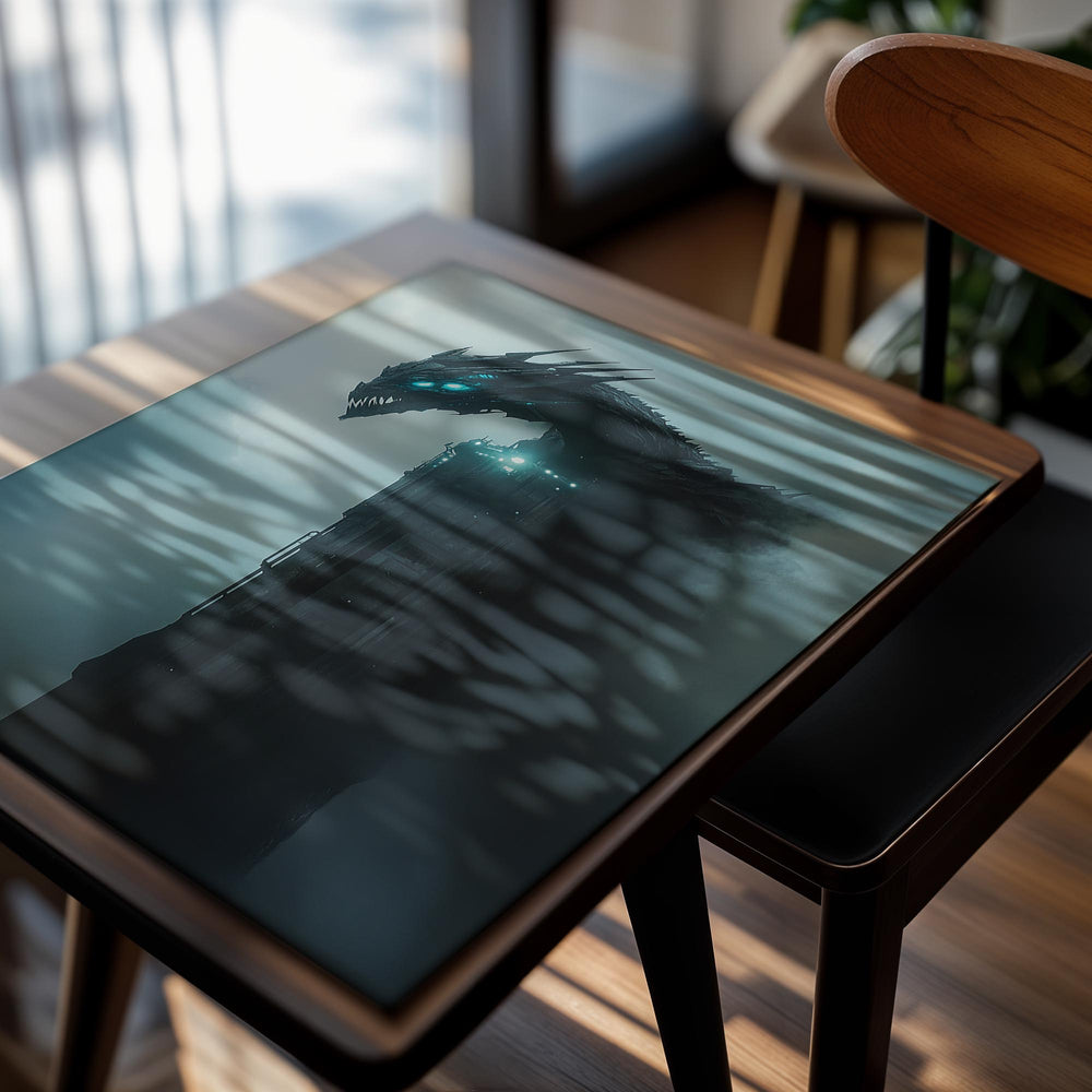 Monster-like creature with glowing eyes emerging from a dark, foggy background, as a premium aluminum metal print from GoMetalPrint.
