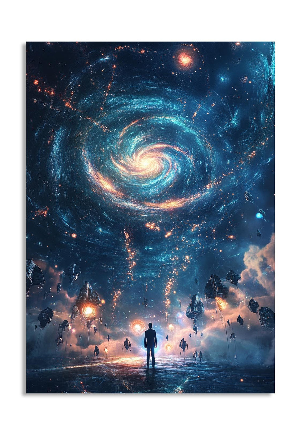 Artistic depiction of a person standing in front of a spiral galaxy, as a premium aluminum metal print from GoMetalPrint.
