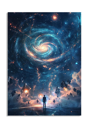Artistic depiction of a person standing in front of a spiral galaxy, as a premium aluminum metal print from GoMetalPrint.
