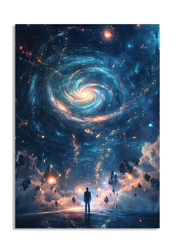 Artistic depiction of a person standing in front of a spiral galaxy, as a premium aluminum metal print from GoMetalPrint.
