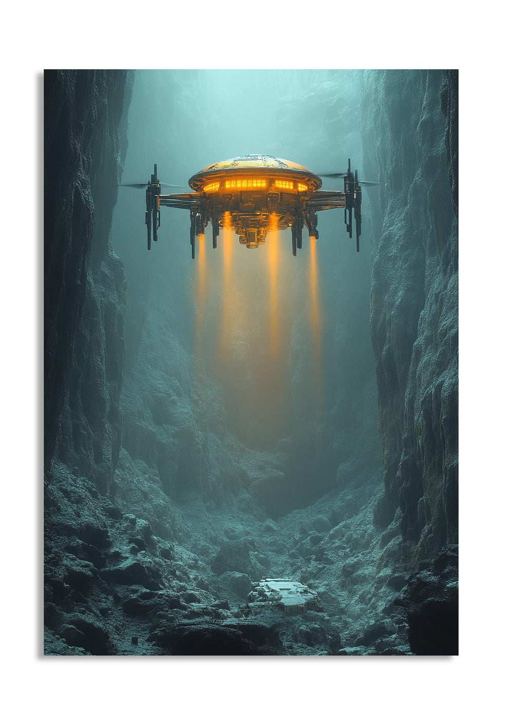 Alien spacecraft hovering over a cave entrance with a glowing light, as a premium aluminum metal print from GoMetalPrint.
