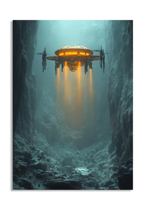 Alien spacecraft hovering over a cave entrance with a glowing light, as a premium aluminum metal print from GoMetalPrint.
