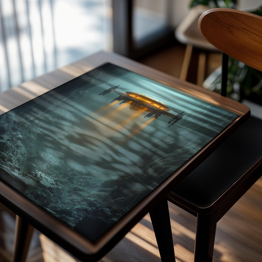 Alien spacecraft hovering over a cave entrance with a glowing light, as a premium aluminum metal print from GoMetalPrint.
