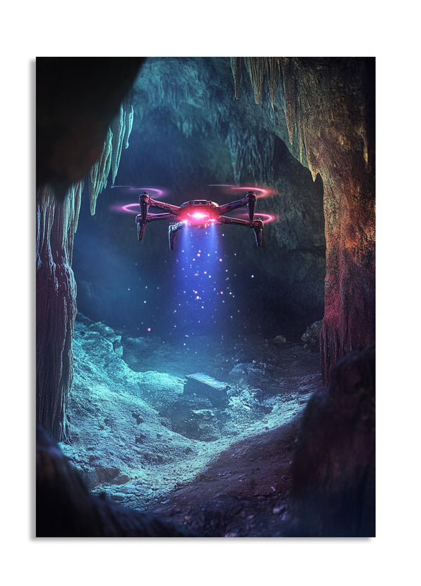 Drone flying inside a cave with glowing blue light, as a premium aluminum metal print from GoMetalPrint.
