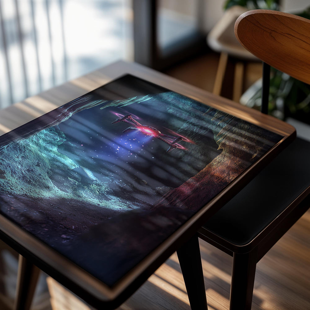 Drone flying inside a cave with glowing blue light, as a premium aluminum metal print from GoMetalPrint.

