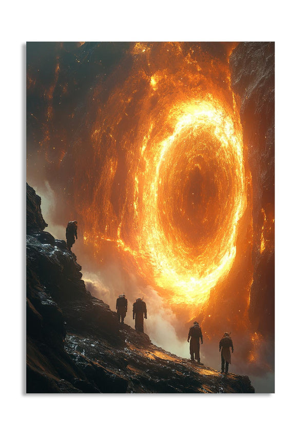 People walking towards a glowing, fiery spiral in a dark, rocky landscape, as a premium aluminum metal print from GoMetalPrint.
