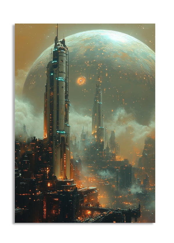 Futuristic cityscape with tall buildings and a large planet in the background, as a premium aluminum metal print from GoMetalPrint.

