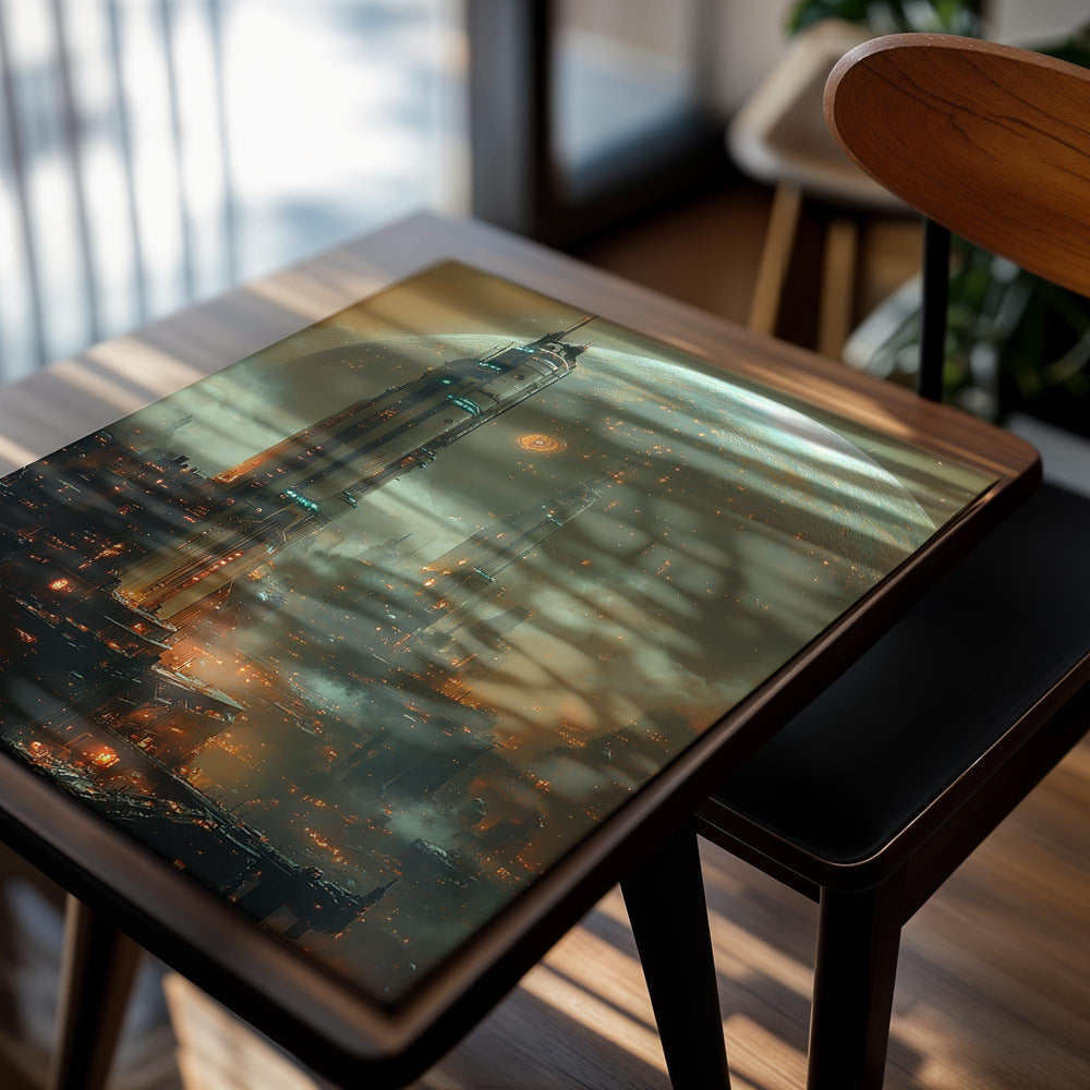 Futuristic cityscape with tall buildings and a large planet in the background, as a premium aluminum metal print from GoMetalPrint.
