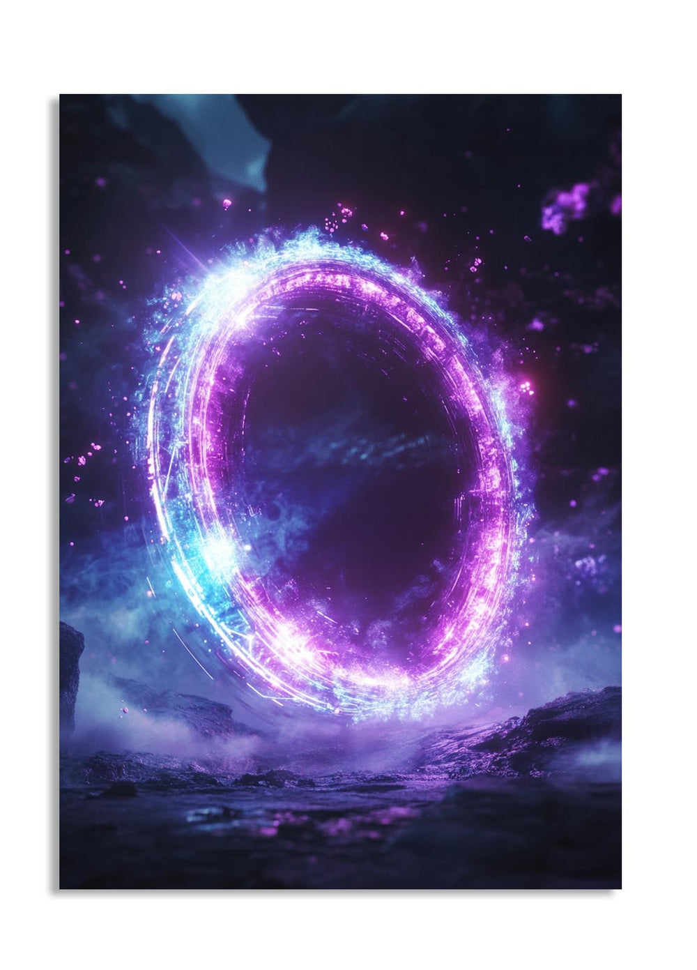 Neon purple and blue ring with a mystical atmosphere on a dark background, as a premium aluminum metal print from GoMetalPrint.
