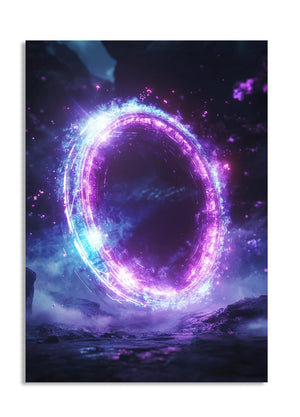 Neon purple and blue ring with a mystical atmosphere on a dark background, as a premium aluminum metal print from GoMetalPrint.
