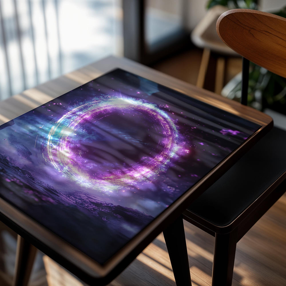 Neon purple and blue ring with a mystical atmosphere on a dark background, as a premium aluminum metal print from GoMetalPrint.
