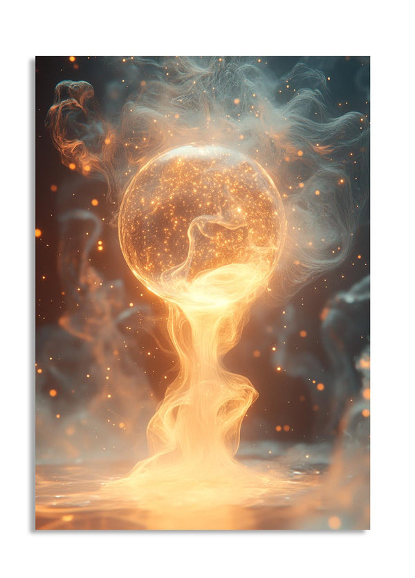 Abstract art of a glowing orb with swirling flames and smoke on a dark background, as a premium aluminum metal print from GoMetalPrint.
