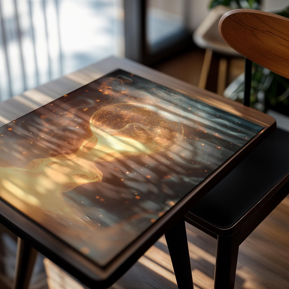 Abstract art of a glowing orb with swirling flames and smoke on a dark background, as a premium aluminum metal print from GoMetalPrint.
