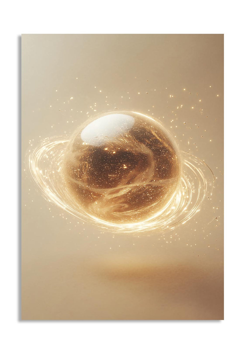 Artistic depiction of a planet with rings on a beige background, as a premium aluminum metal print from GoMetalPrint.

