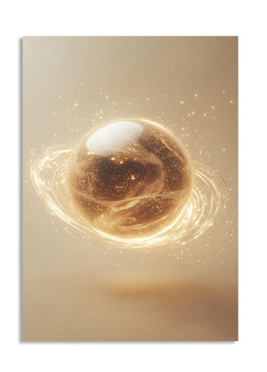 Artistic depiction of a planet with rings on a beige background, as a premium aluminum metal print from GoMetalPrint.
