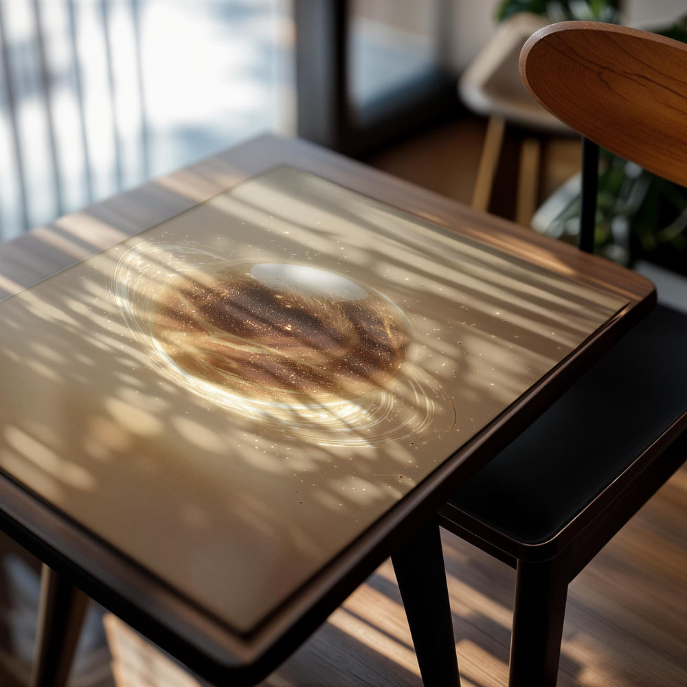 Artistic depiction of a planet with rings on a beige background, as a premium aluminum metal print from GoMetalPrint.
