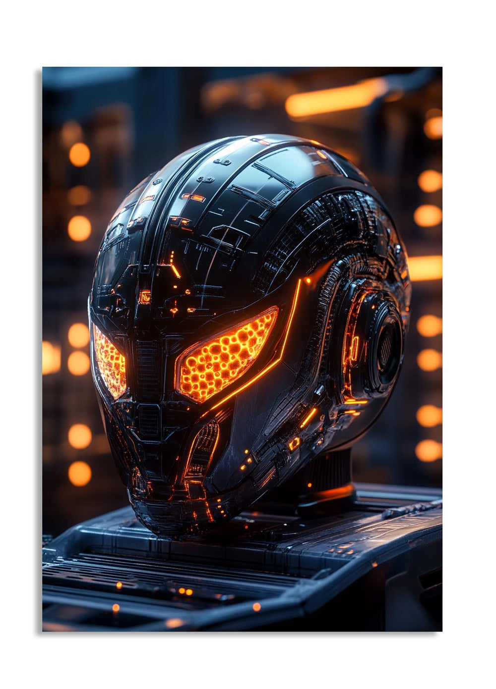 Black and orange futuristic helmet on a dark background, as a premium aluminum metal print from GoMetalPrint.

