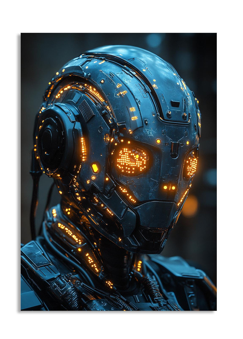 Close-up of a futuristic helmet with glowing elements on a dark background, as a premium aluminum metal print from GoMetalPrint.
