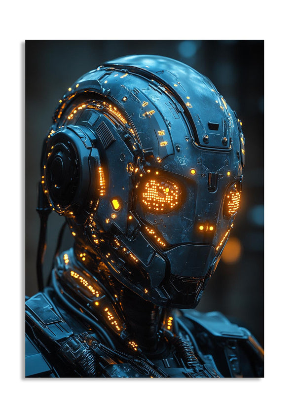 Close-up of a futuristic helmet with glowing elements on a dark background, as a premium aluminum metal print from GoMetalPrint.
