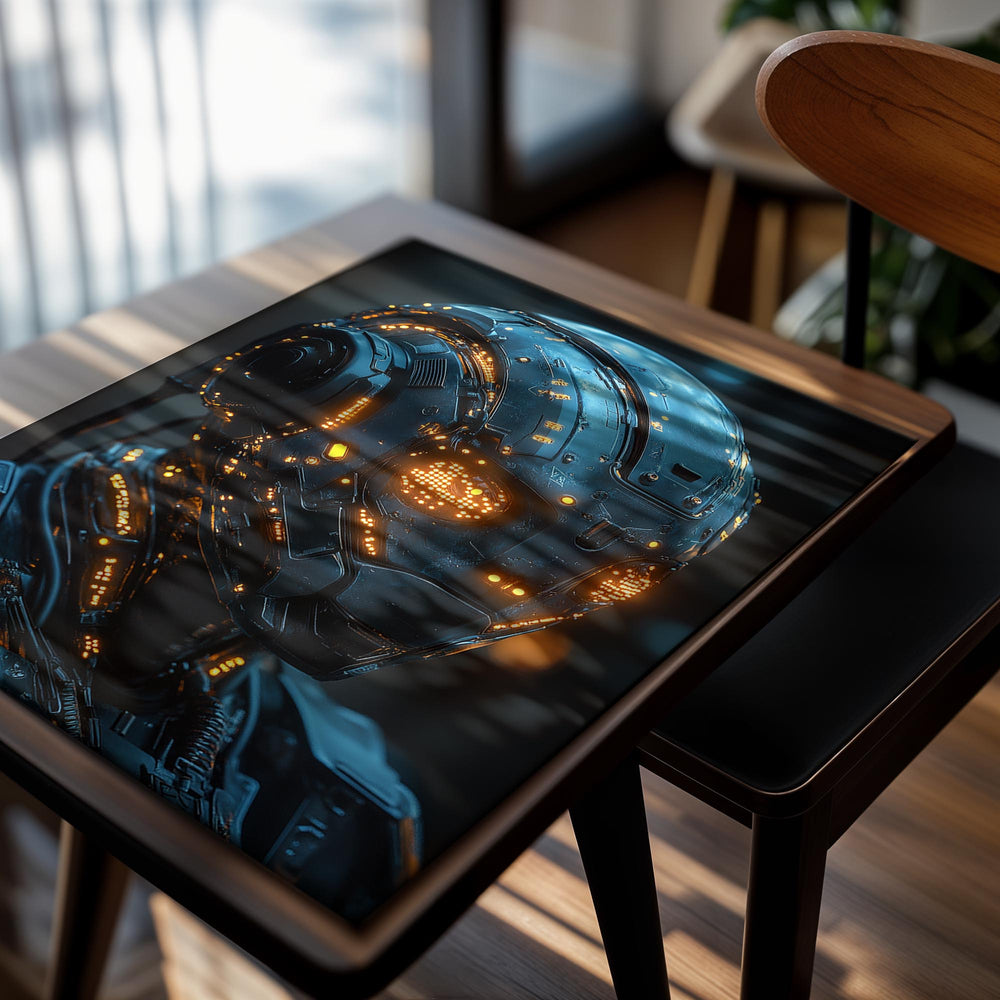 Close-up of a futuristic helmet with glowing elements on a dark background, as a premium aluminum metal print from GoMetalPrint.
