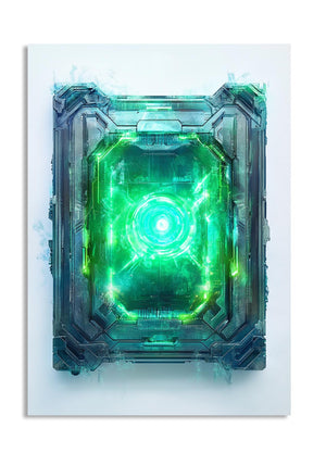 Geometric design with green glowing center on a white background, as a premium aluminum metal print from GoMetalPrint.
