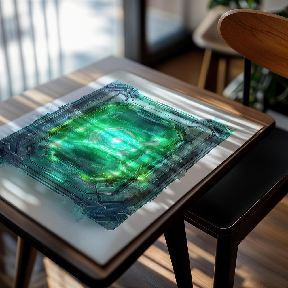 Geometric design with green glowing center on a white background, as a premium aluminum metal print from GoMetalPrint.
