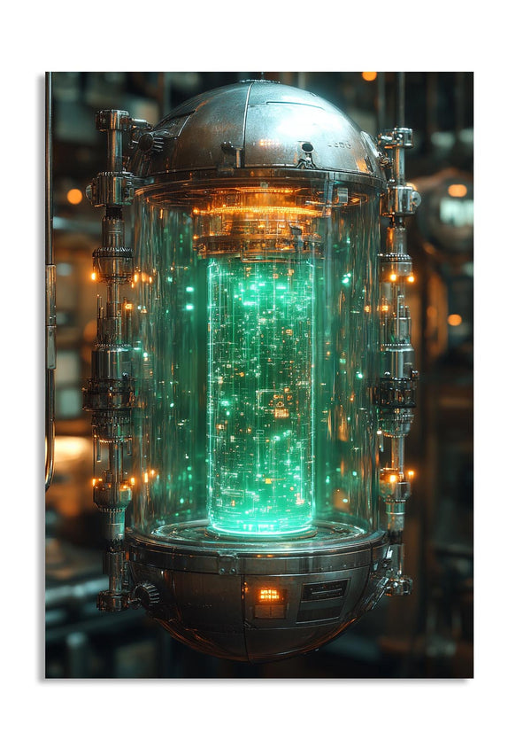 Futuristic green glowing device with metallic casing on a blurred background , as a premium aluminum metal print from GoMetalPrint.

