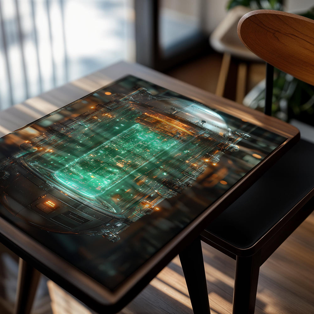 Futuristic green glowing device with metallic casing on a blurred background , as a premium aluminum metal print from GoMetalPrint.
