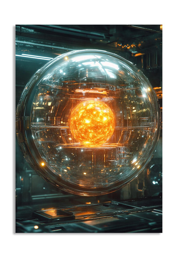 Close-up of a glowing orange light bulb inside a transparent sphere, as a premium aluminum metal print from GoMetalPrint.

