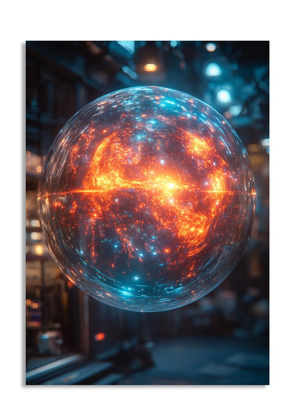 Spherical object with fiery interior and blue exterior in a blurred indoor setting, as a premium aluminum metal print from GoMetalPrint.
