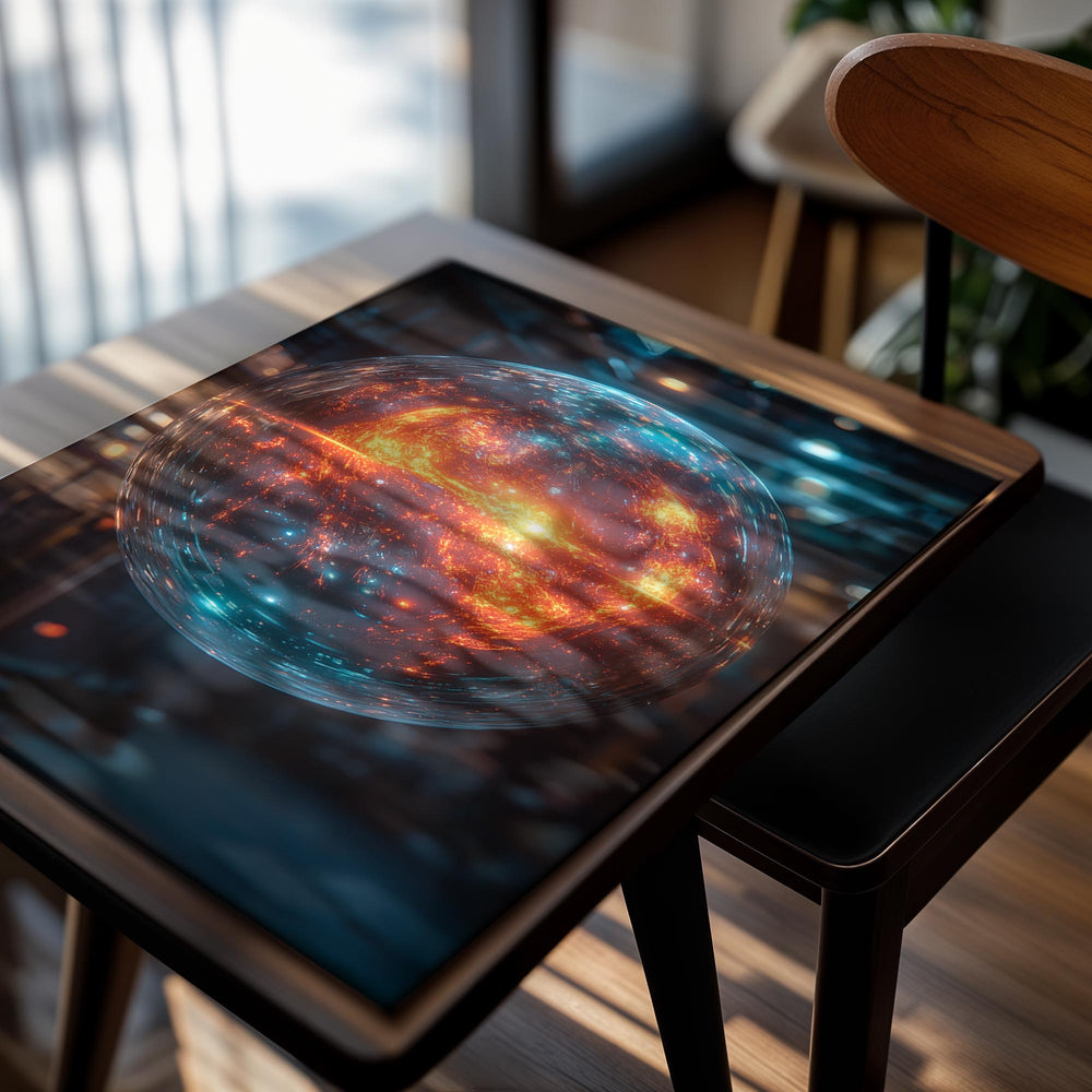 Spherical object with fiery interior and blue exterior in a blurred indoor setting, as a premium aluminum metal print from GoMetalPrint.
