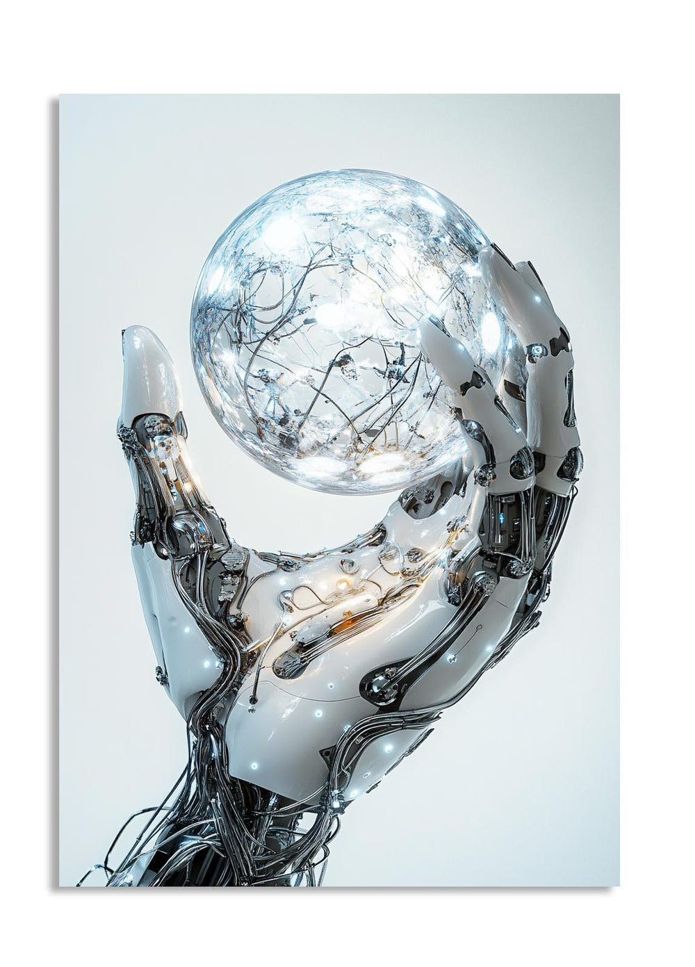 Robotic hand holding a crystal ball on a light gray background, as a premium aluminum metal print from GoMetalPrint.
