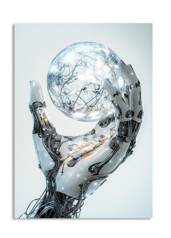 Robotic hand holding a crystal ball on a light gray background, as a premium aluminum metal print from GoMetalPrint.
