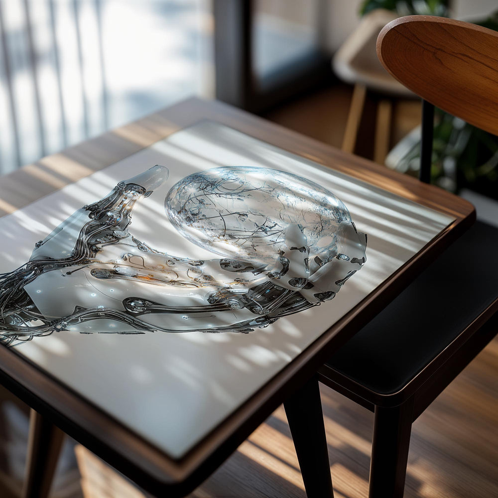Robotic hand holding a crystal ball on a light gray background, as a premium aluminum metal print from GoMetalPrint.
