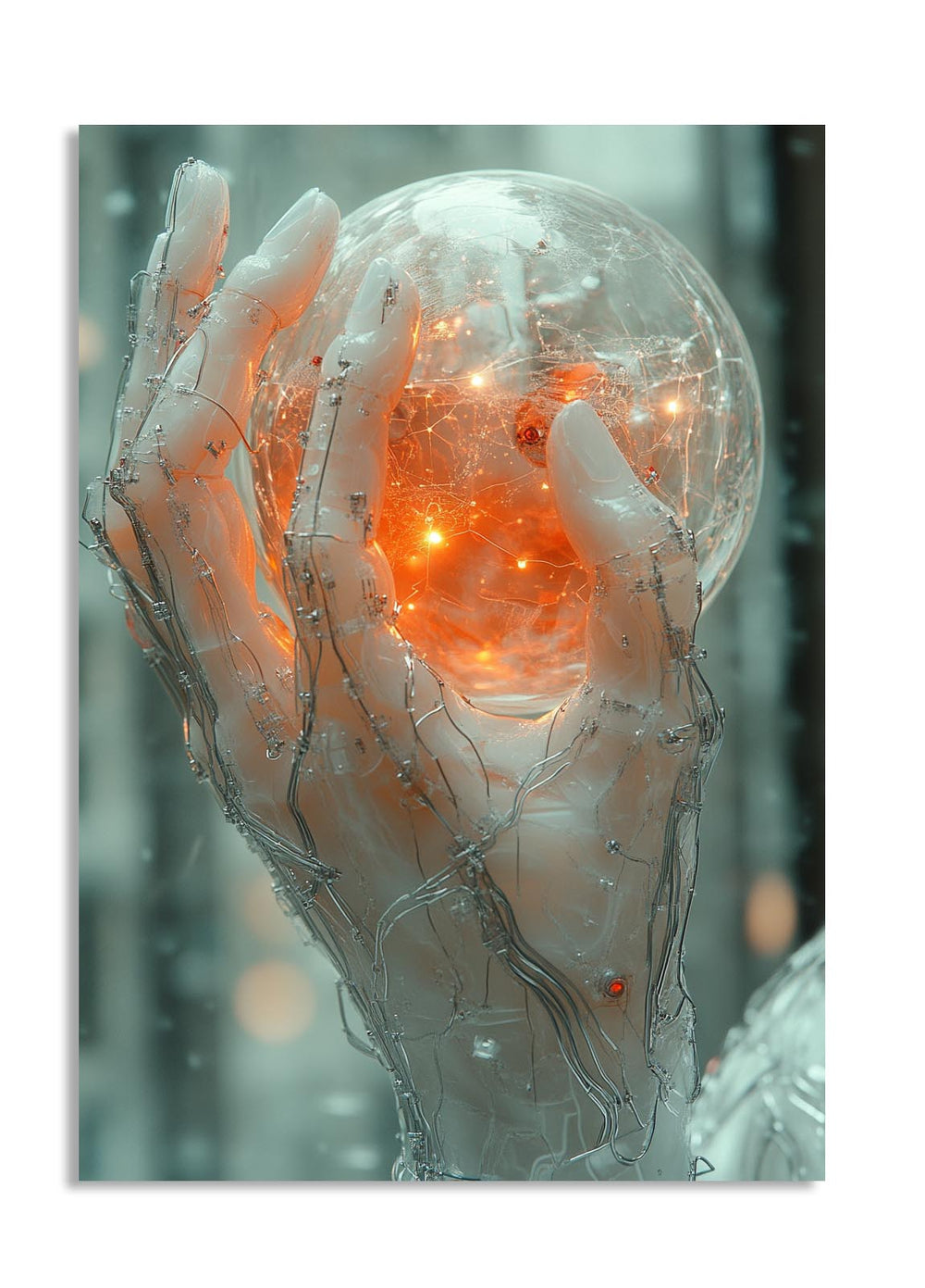 Artificial hand holding a glowing orange sphere against a blurred background, as a premium aluminum metal print from GoMetalPrint.
