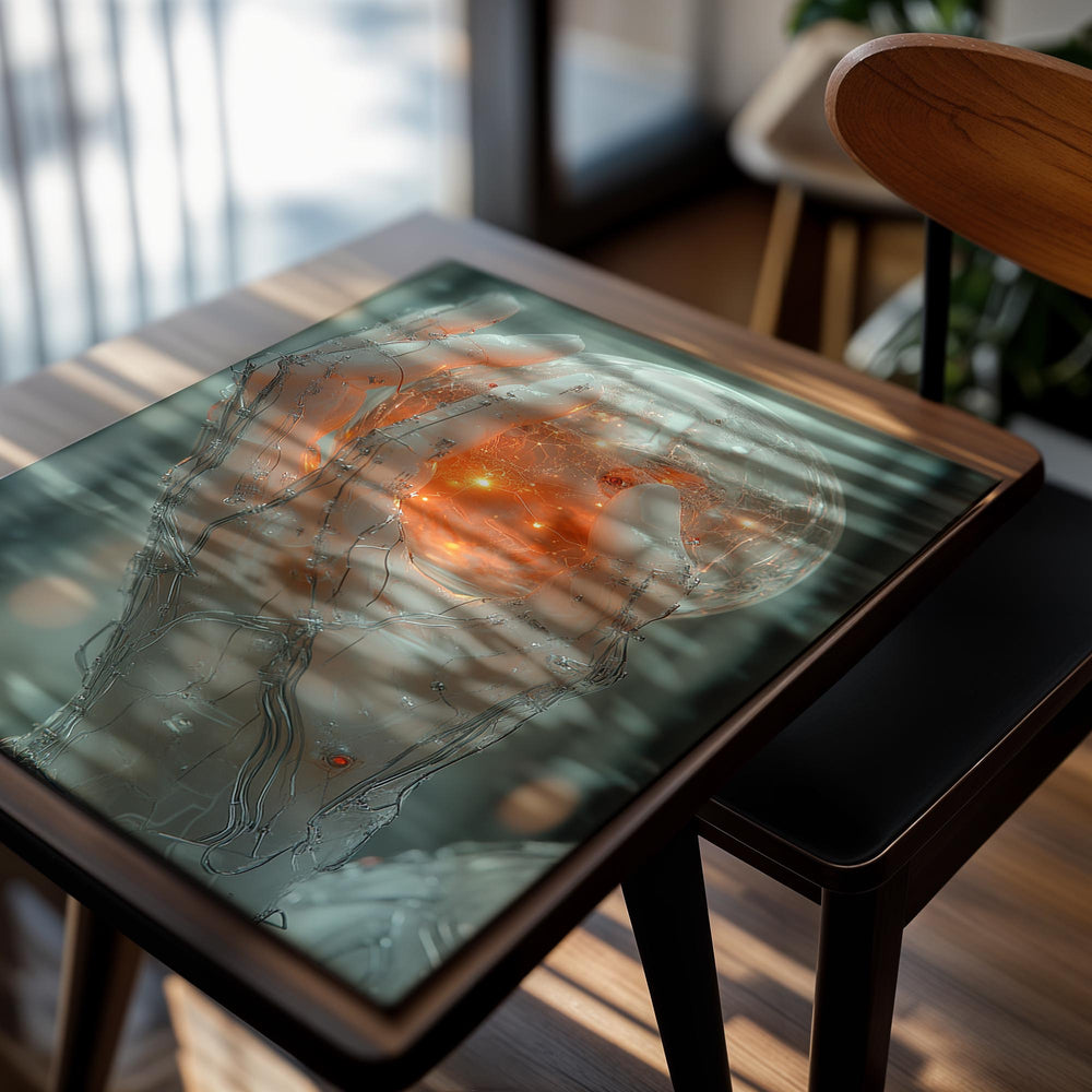 Artificial hand holding a glowing orange sphere against a blurred background, as a premium aluminum metal print from GoMetalPrint.

