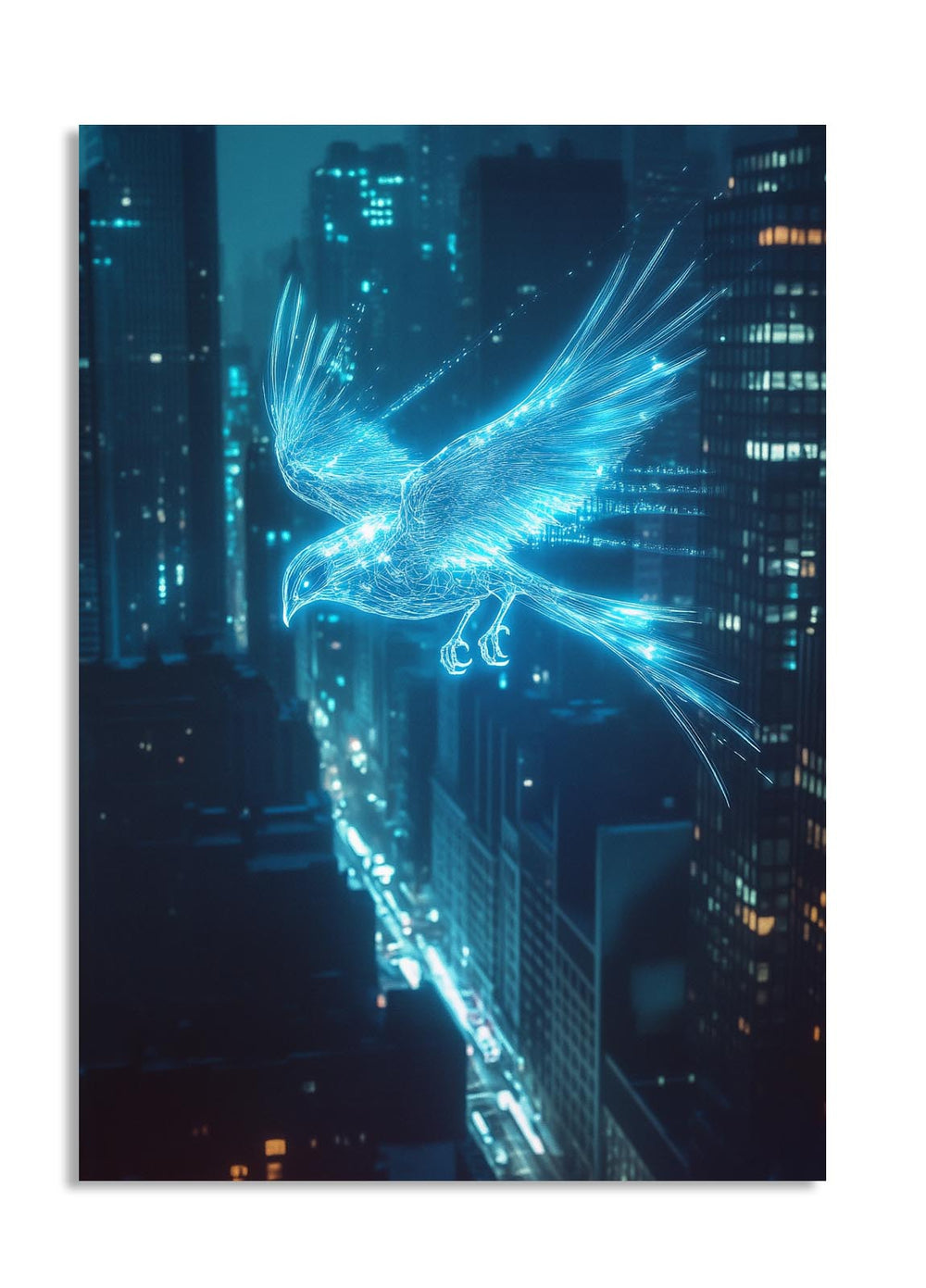 Digital artwork of a glowing blue phoenix over a cityscape at night, as a premium aluminum metal print from GoMetalPrint.
