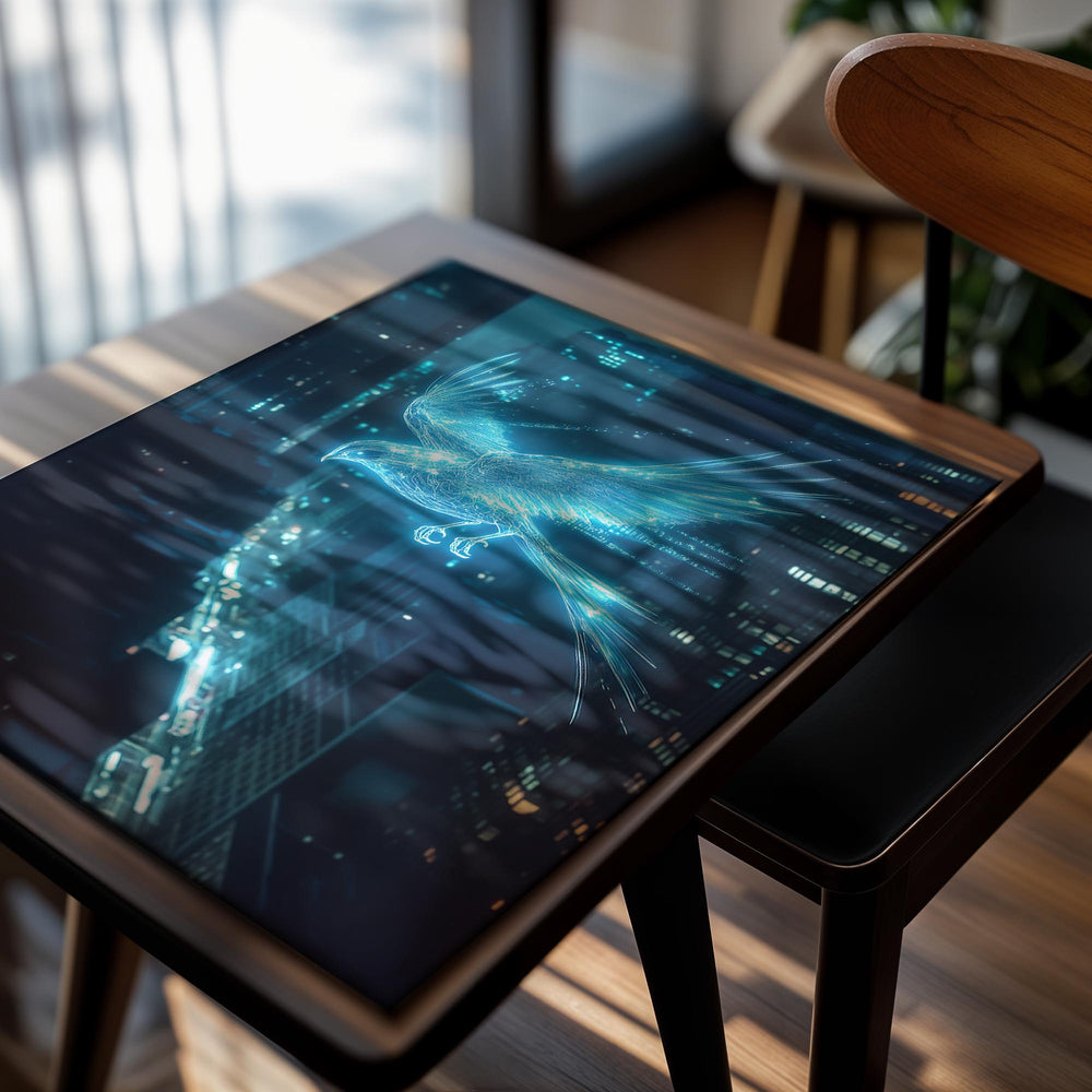 Digital artwork of a glowing blue phoenix over a cityscape at night, as a premium aluminum metal print from GoMetalPrint.
